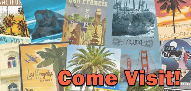 image of travel postcards with come visit text