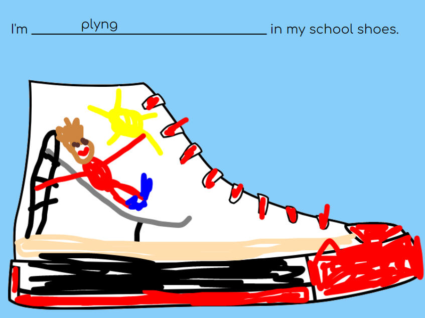 student shoe with student going down slide and playing