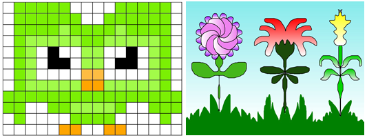 image of symmetrical pixel art and flowers
