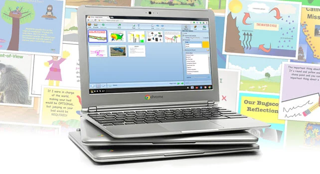Wixie on a stack of Chromebooks